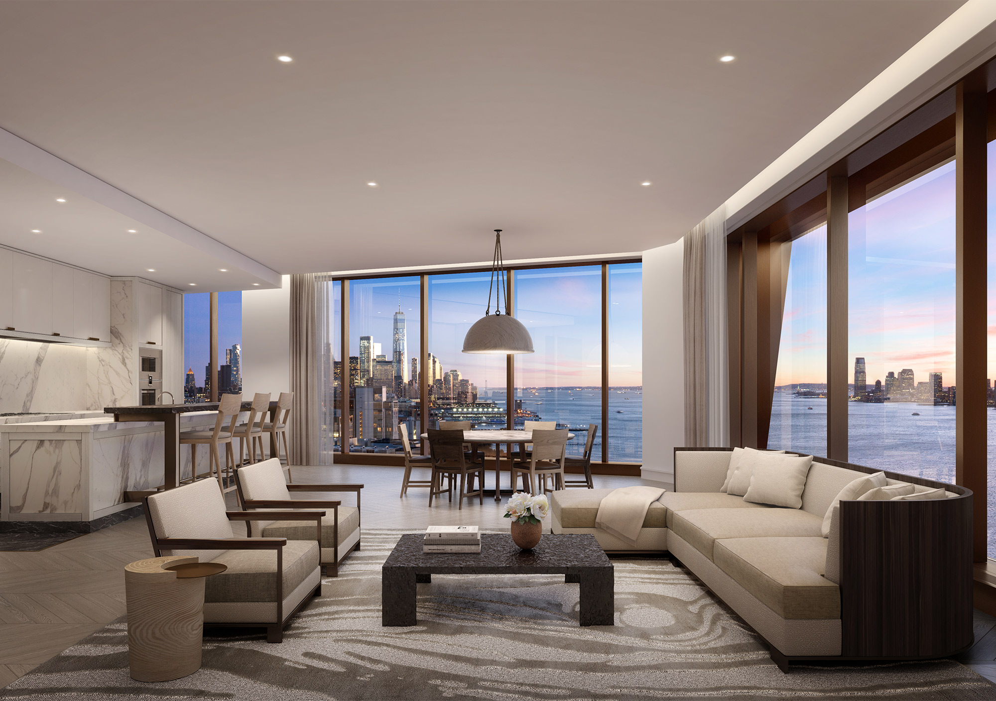Luxurious living area overlooking the Hudson River and city skyline