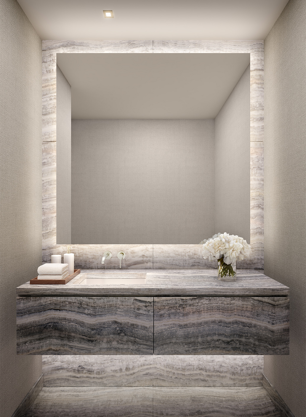 Marble bathroom vanity with white flowers