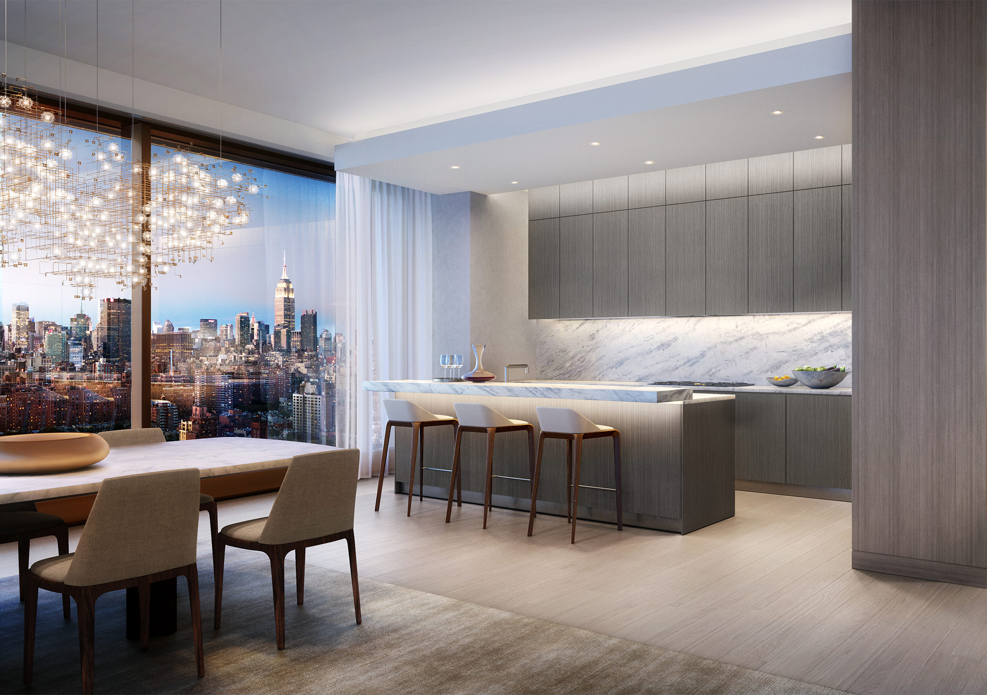 Kitchen and dining area overlooking the city skyline