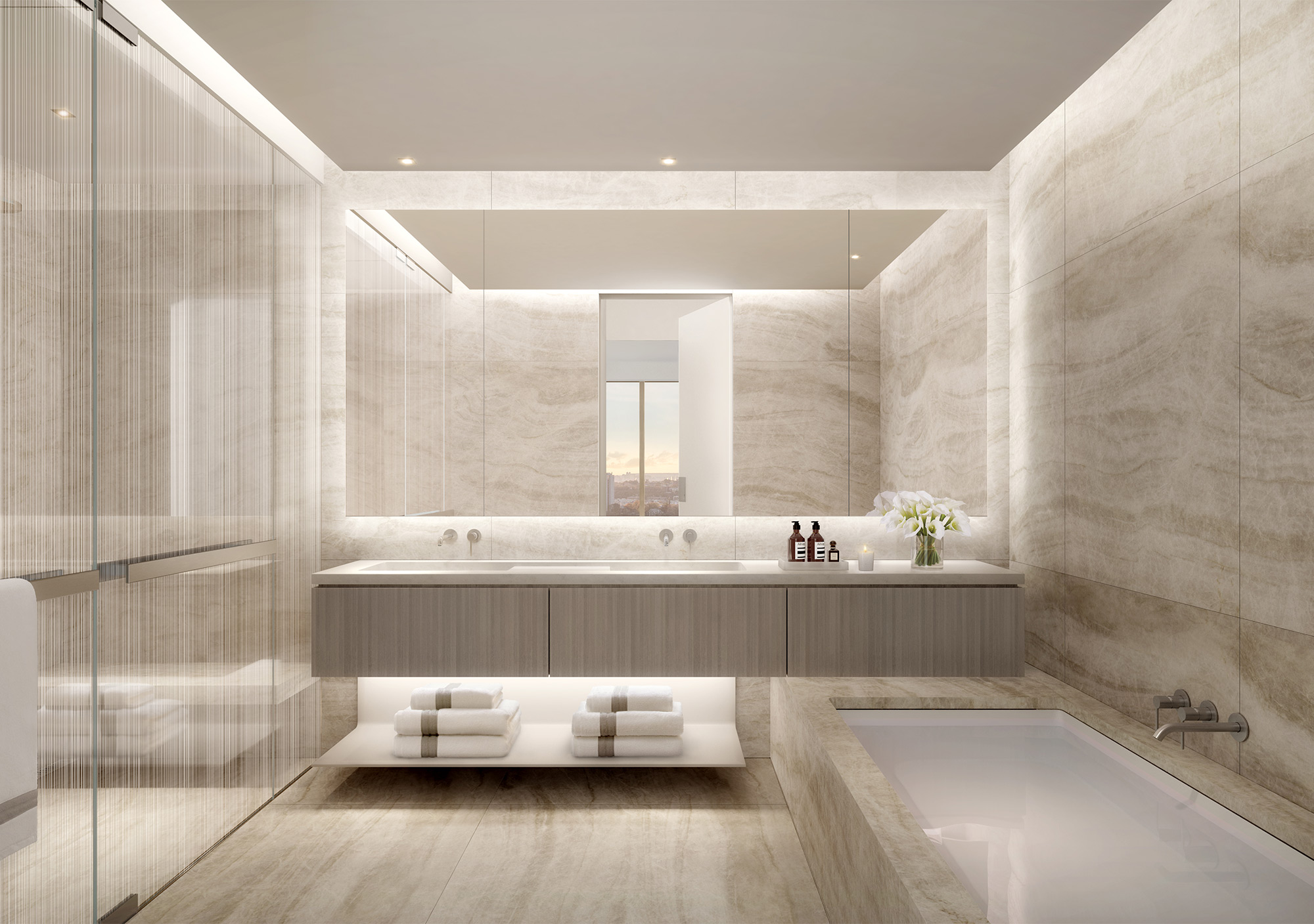 Bathroom vanity with marble walls and LED lights