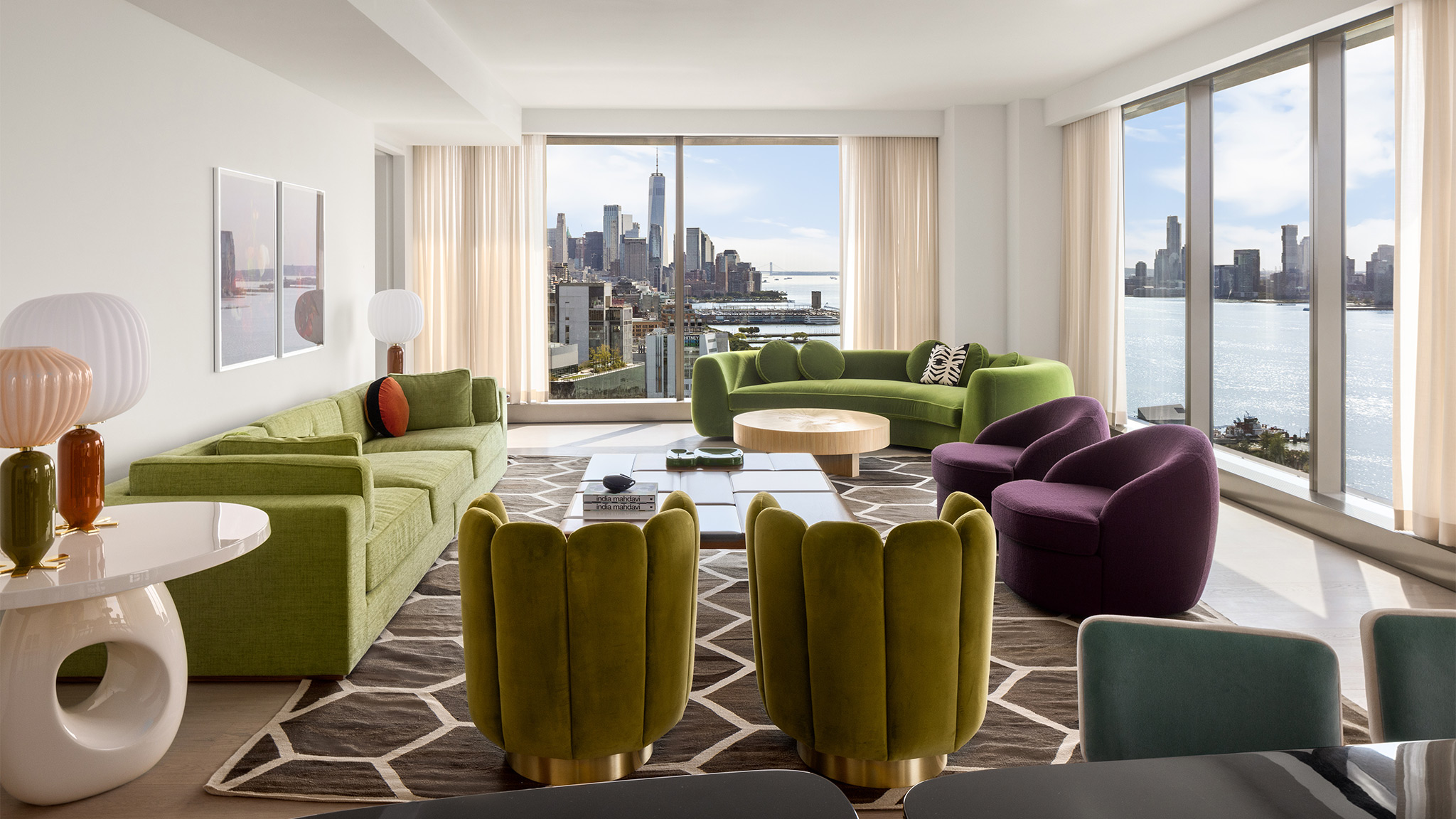 Living area with green and purple furniture