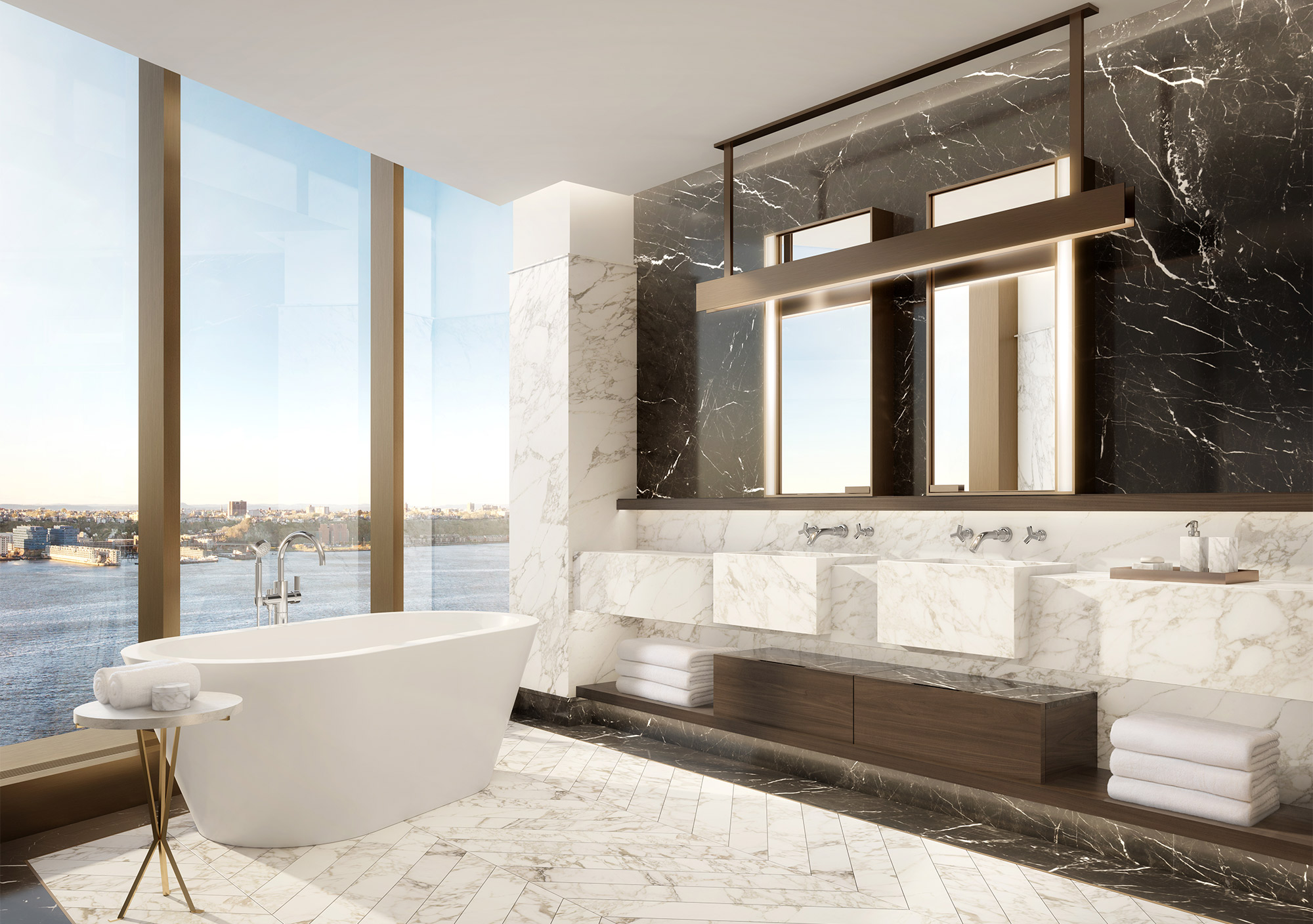 Bathroom with marble vanity, flooring and walls overlooking the Hudson River