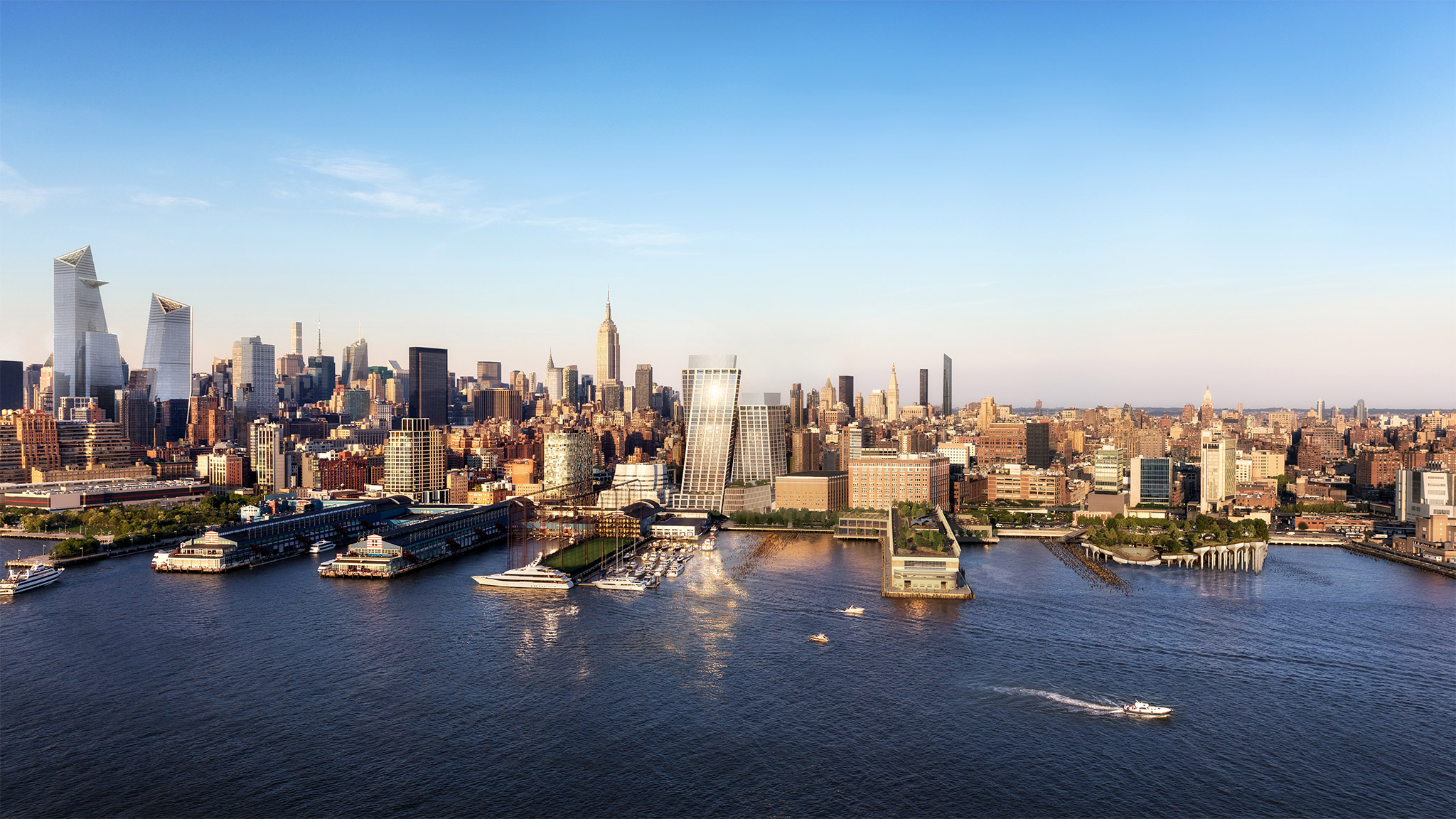 Drone view of One High Line from Hudson River perspective