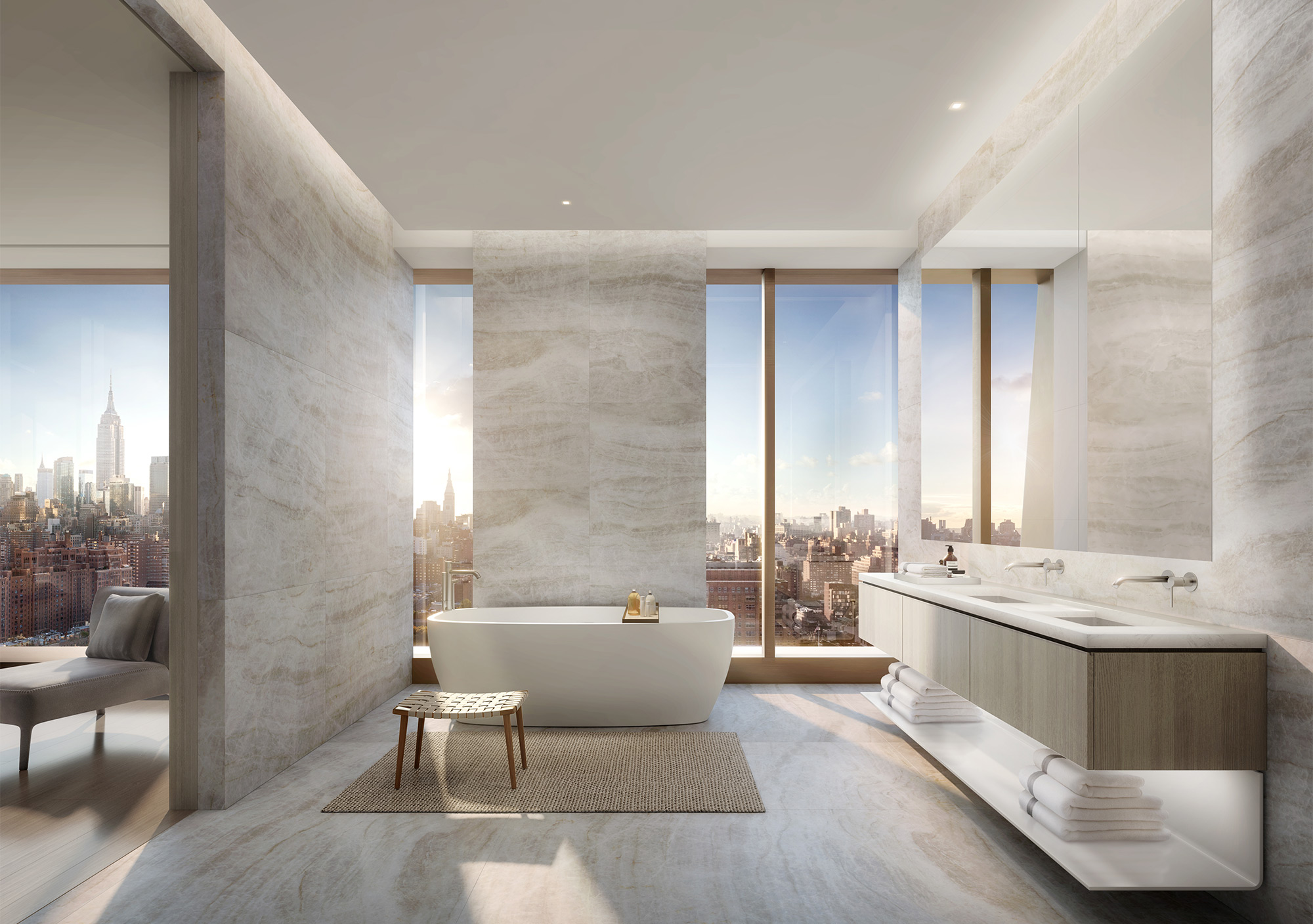 Luxurious bathroom with bathtub and floor to ceiling windows