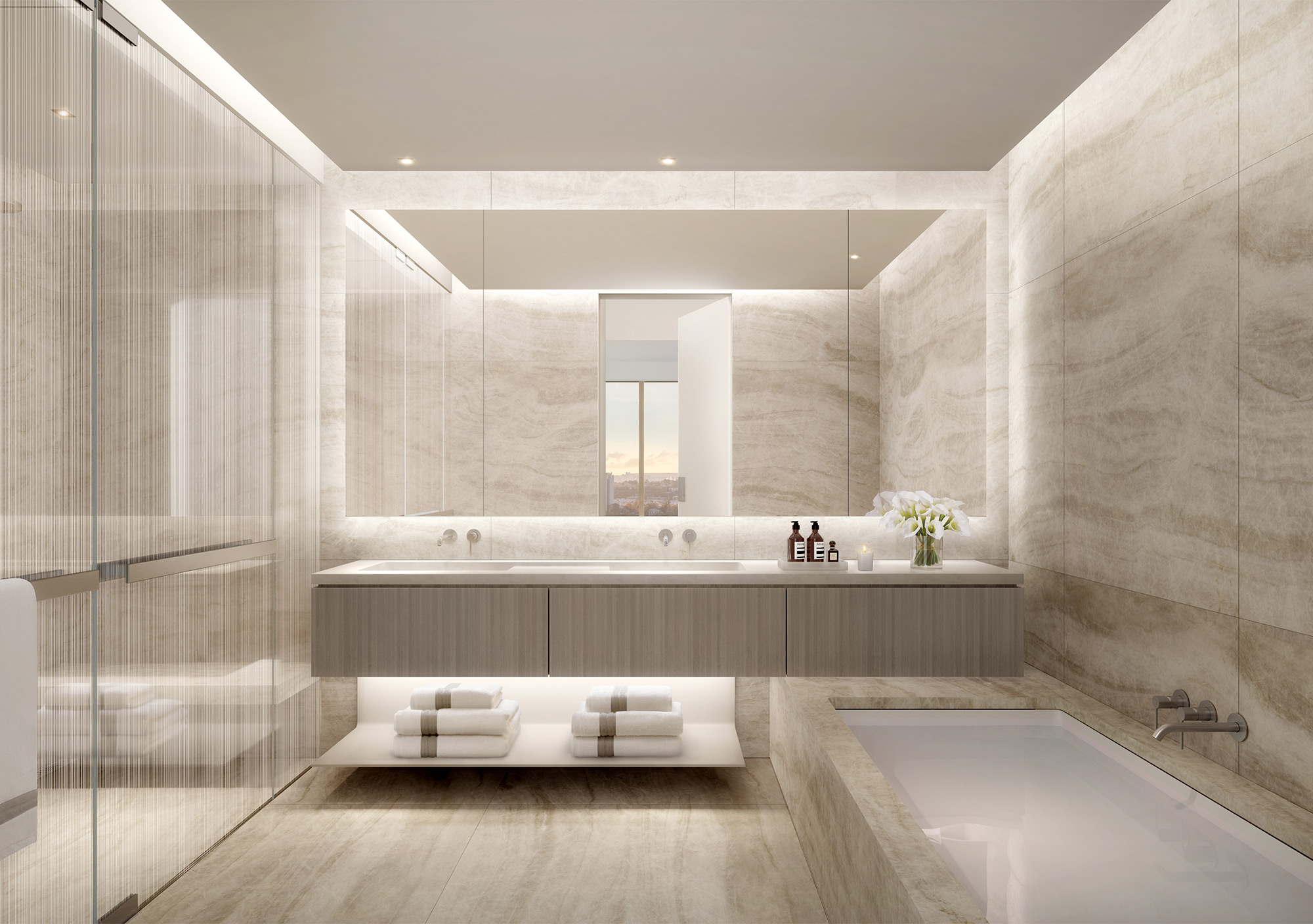 Marble bathroom with built-in bathtub